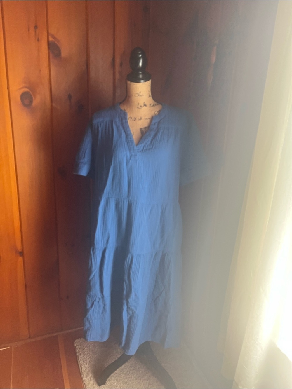 Chico’s 100% Cotton Blue V-Neck Tiered Midi Dress